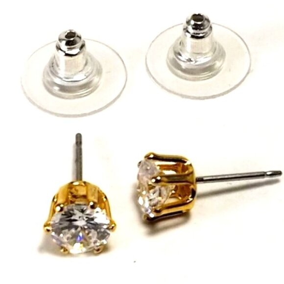 Swarovski Stones - 2 CTW Clear CRYSTAL Stud Earrings - 14KT Gold Overlay - Picture 4 of 9